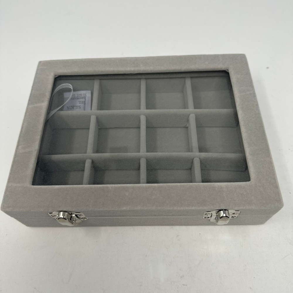 Gray Velvet 12 Slot Jewelry Box Glass Lid Display Case Organizer Organizer